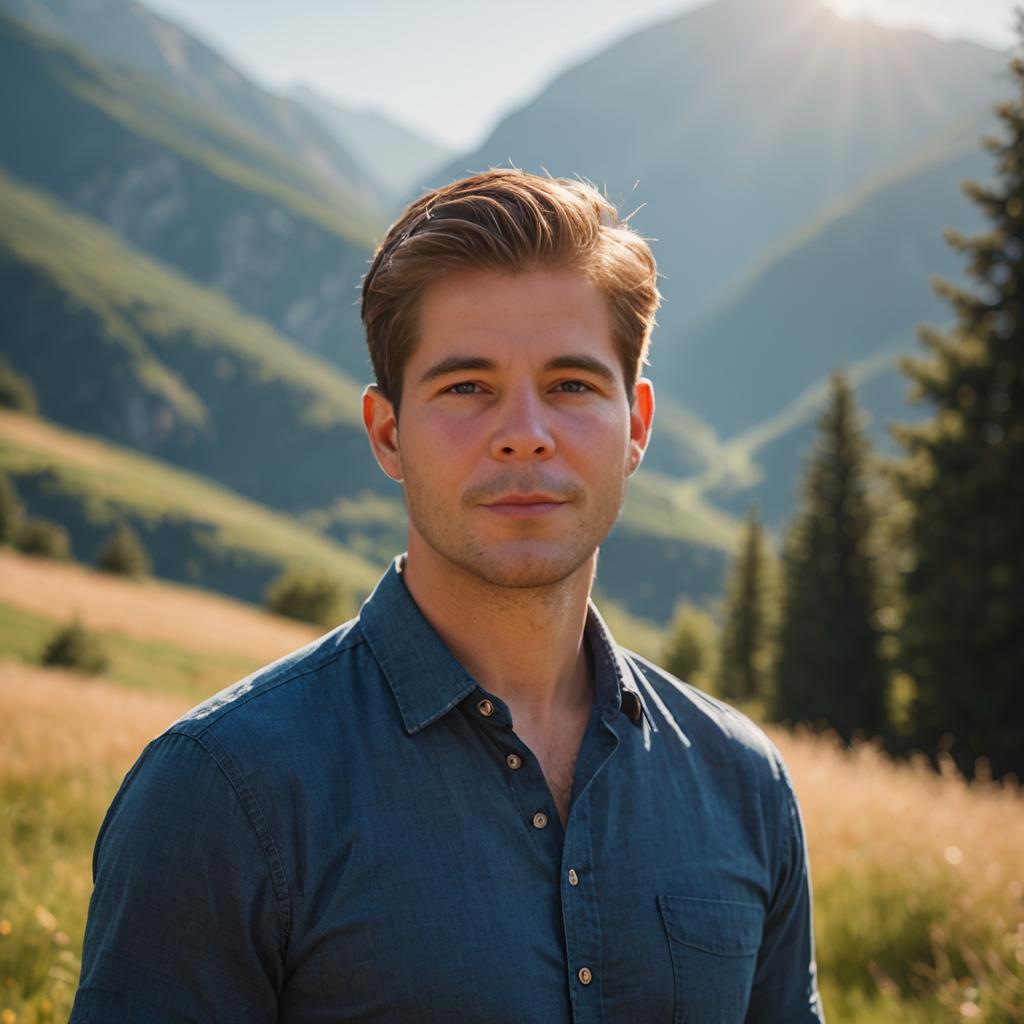 Handsome man in sunlit mountains