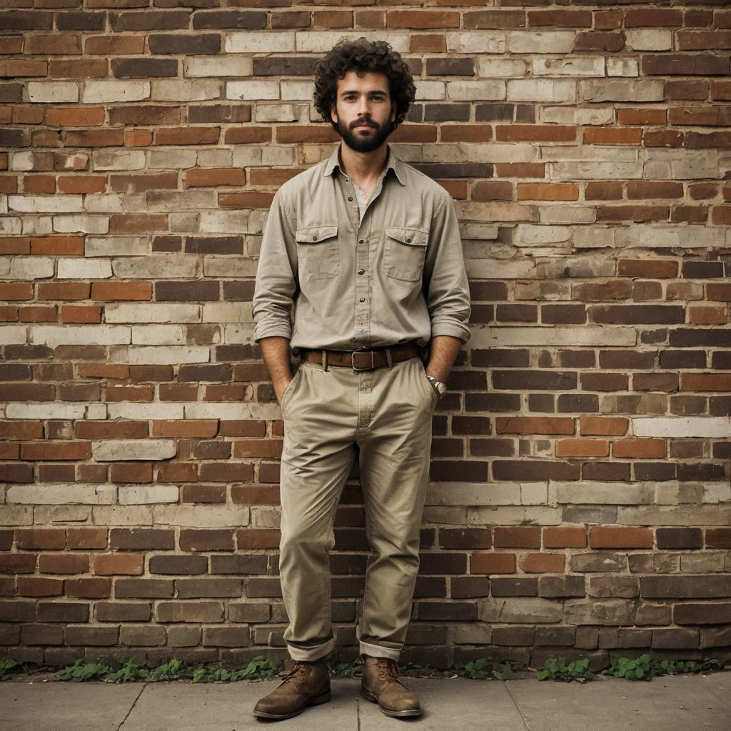 Confident man with curly hair against brick wall Confident man with curly hair against brick wall