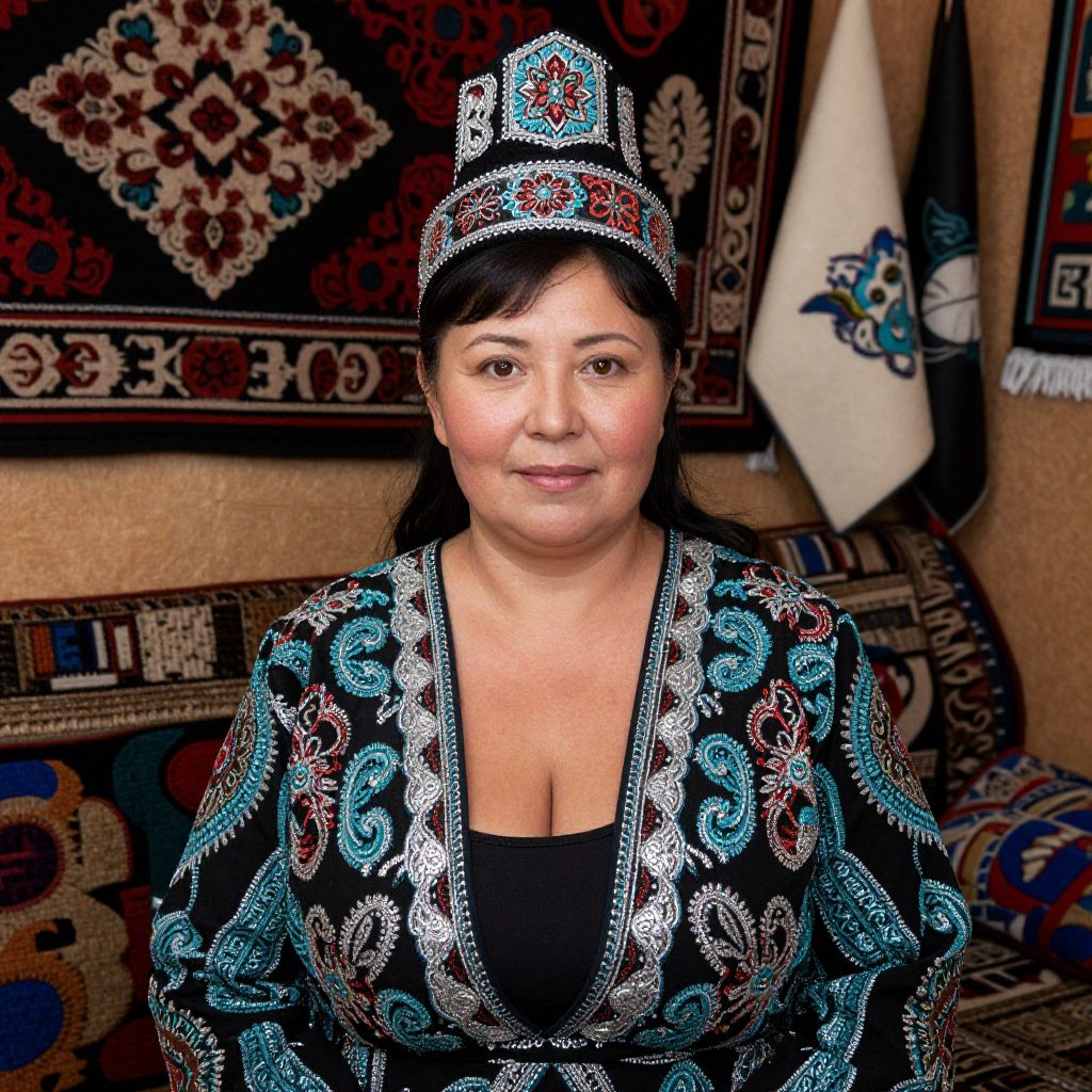Traditional Central Asian Woman in Embroidered Costume and Hat