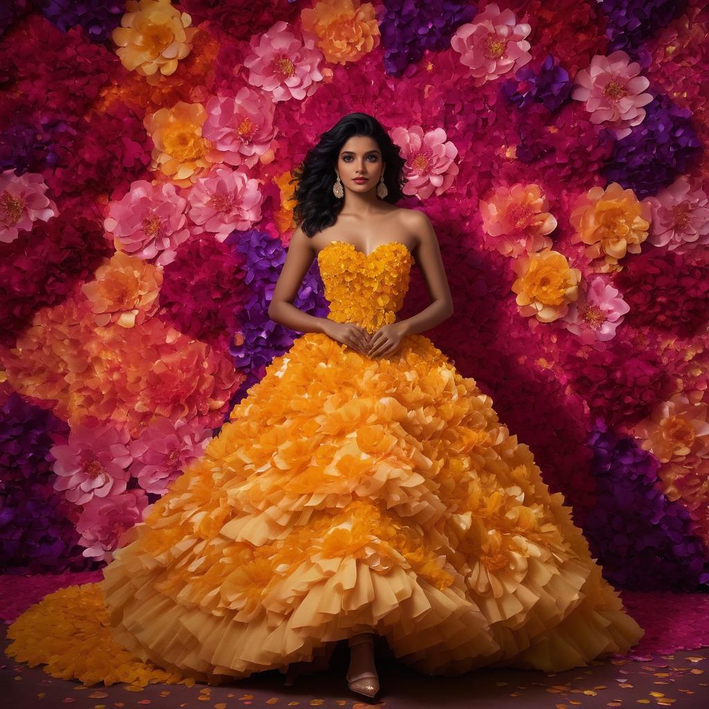 Woman in Floral Gown with Colorful Backdrop