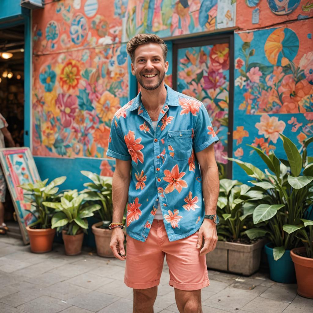 Cheerful man in colorful attire by floral mural