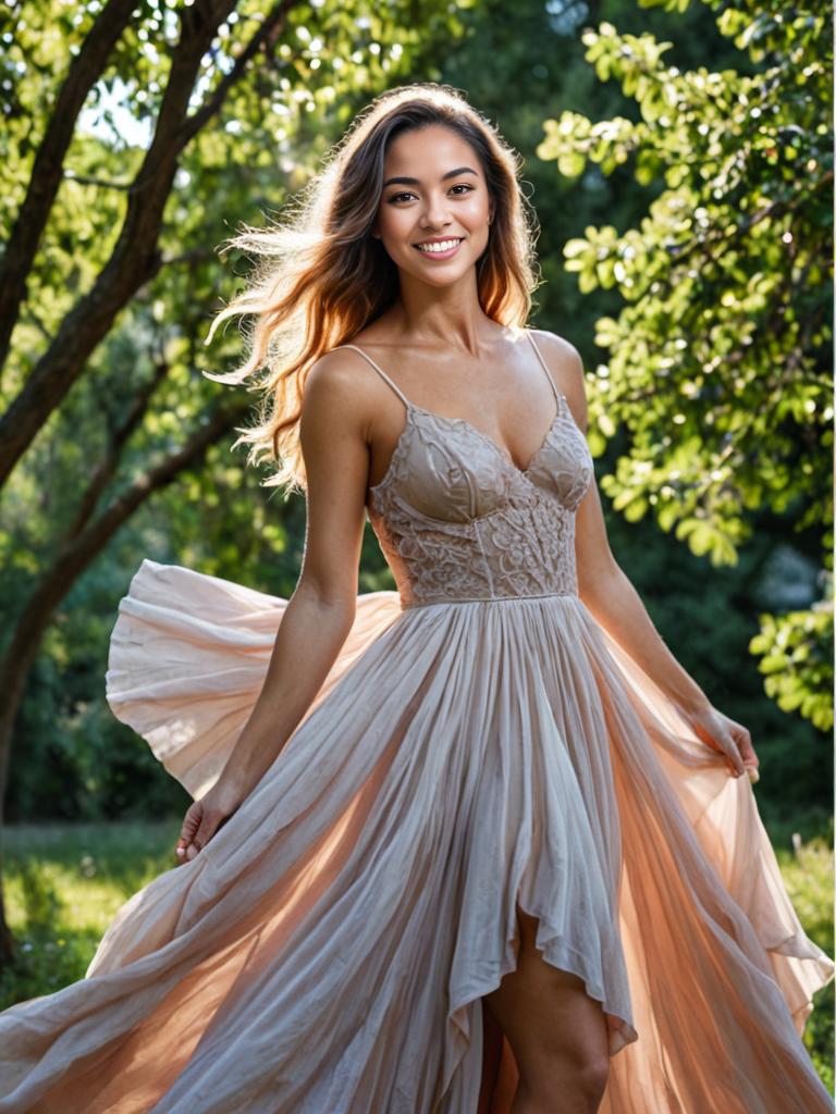 Romantic Woman in Peach Maxi Dress