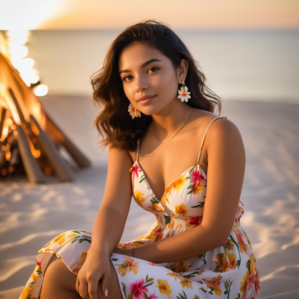 Young Woman in Floral Dress at Sunset Beach