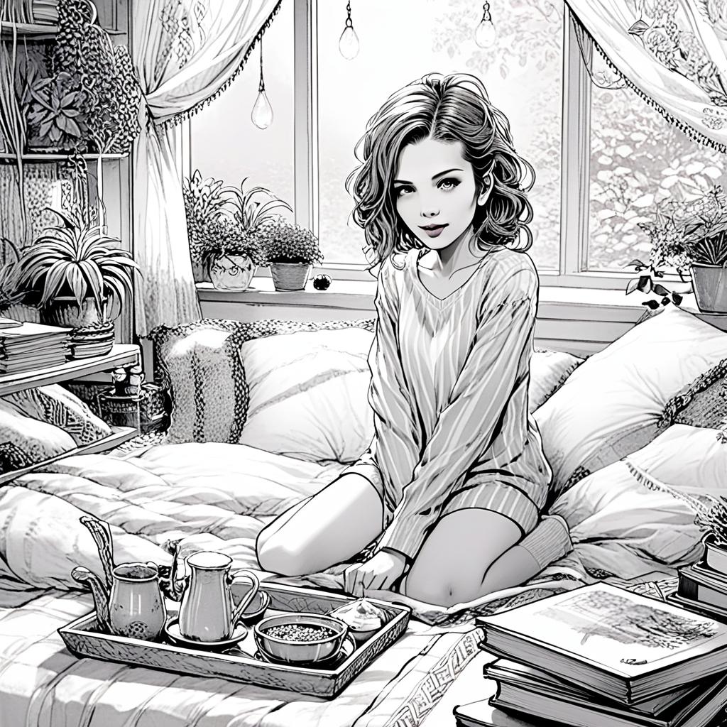 Young Woman in Cozy Bed with Tea and Breakfast