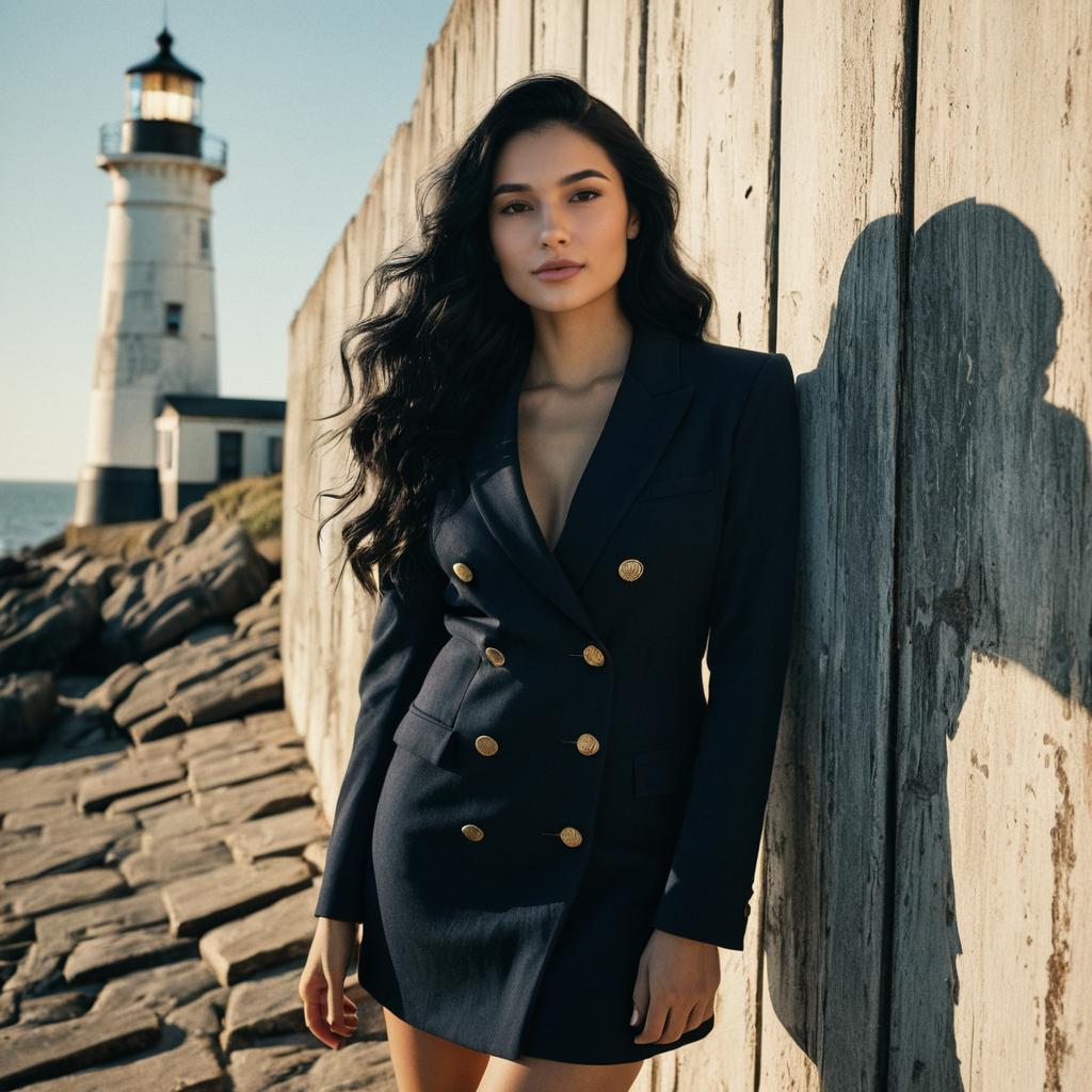 Elegant Woman in Navy Blazer Dress by Lighthouse at Sunset