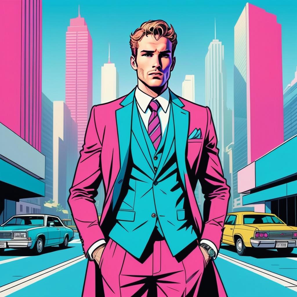 Stylish Man in Pink Suit in Vibrant Pop Art Cityscape