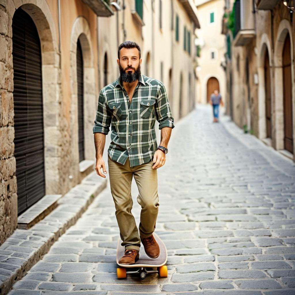 Stylish Man Skateboarding on Cobblestone Street