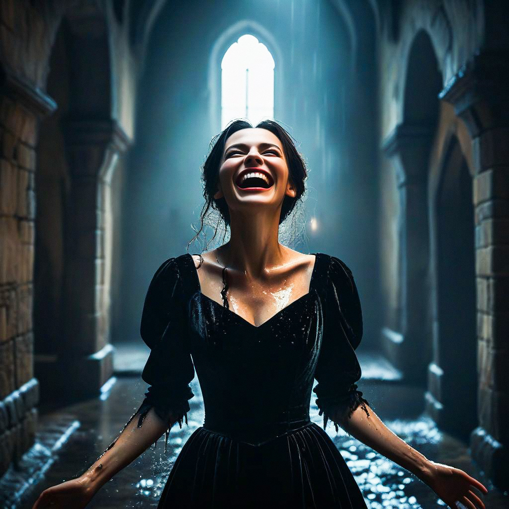 Joyful Woman in Vintage Dress in Historic Corridor