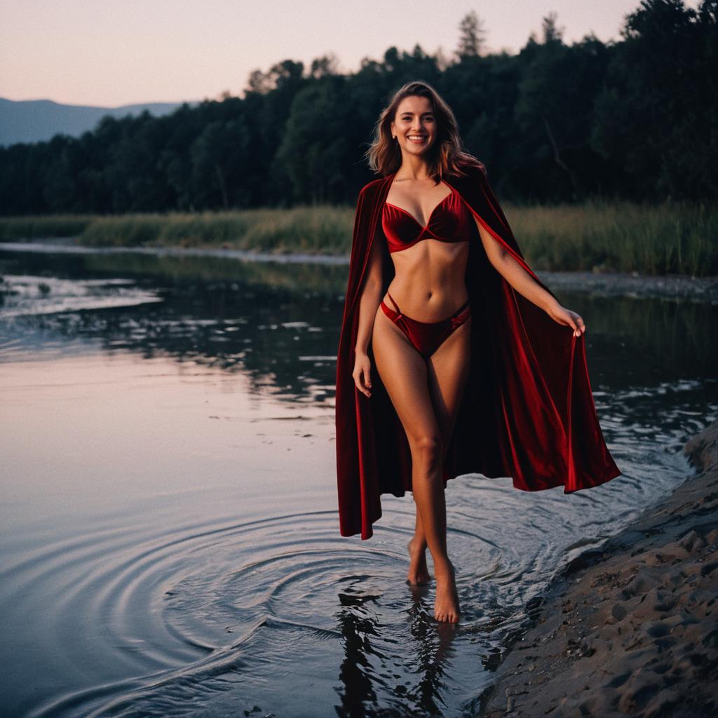 Smiling Woman in Red Velvet Bikini by Calm River