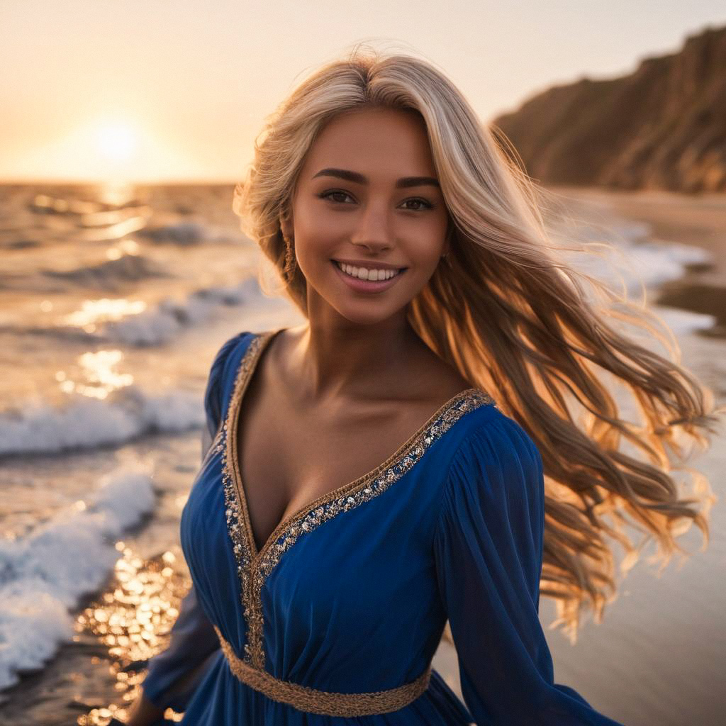 Radiant Woman in Elegant Blue Dress at Sunset Beach