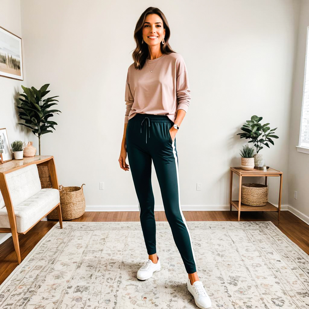 Chic Woman in Pink Top and Green Leggings