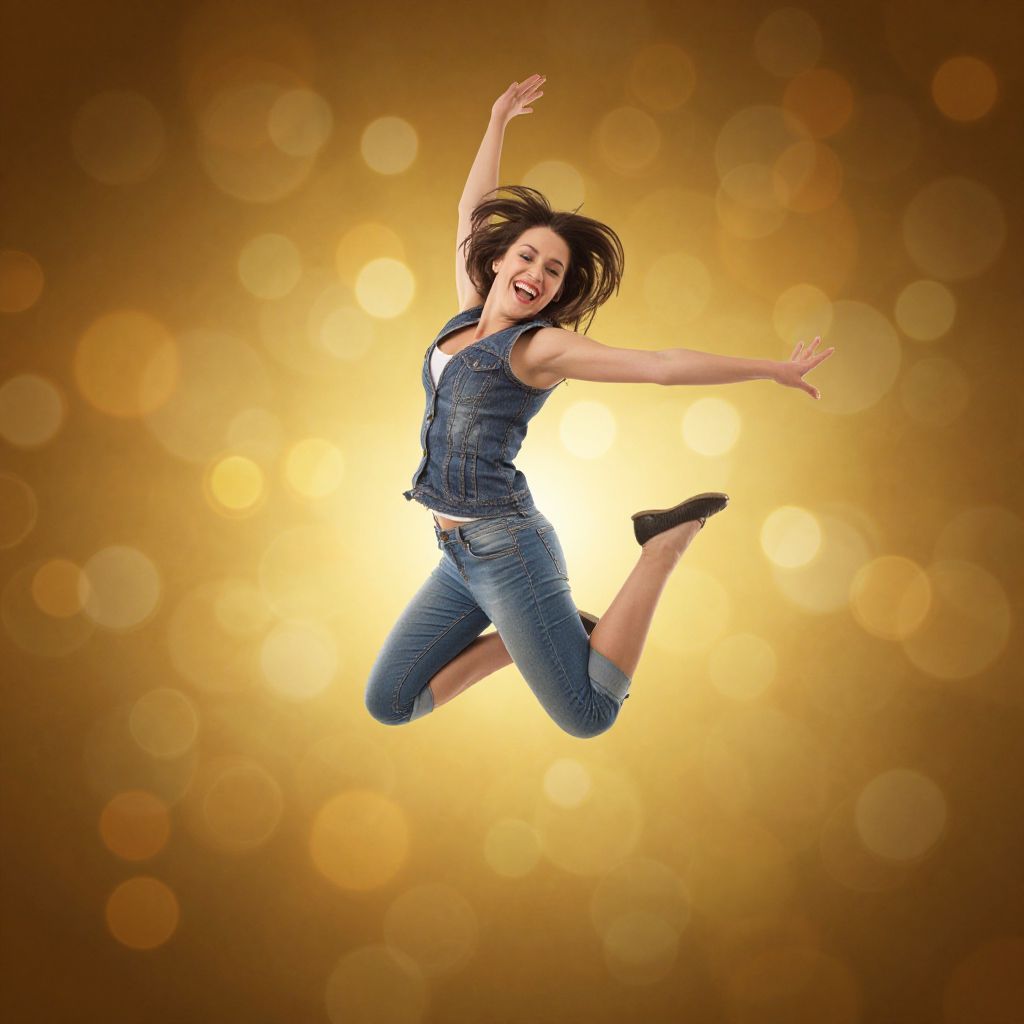 Happy Woman Jumping in Denim Outfit with Golden Bokeh Background