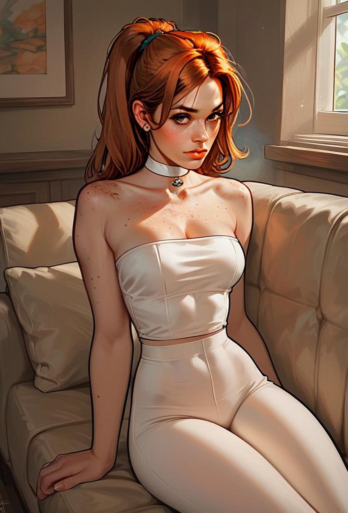 Young Woman with Auburn Hair on Sofa
