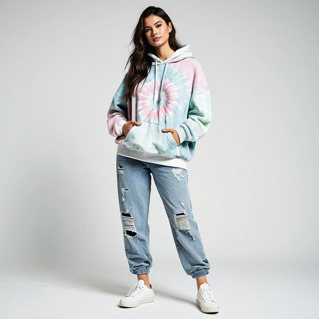 Young Woman Wearing Tie-Dye Hoodie and Distressed Jeans Casual Streetwear