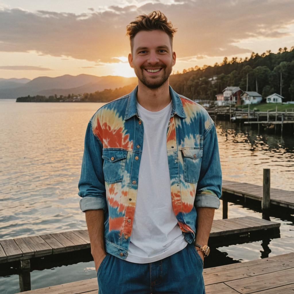 Cheerful Man in Tie-Dye Shirt at Lakeside Dock During Sunset