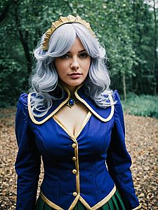 Realistic Camilla Cosplay Woman in Blue and Gold Costume Outdoors