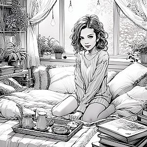 Young Woman in Cozy Bed with Tea and Breakfast