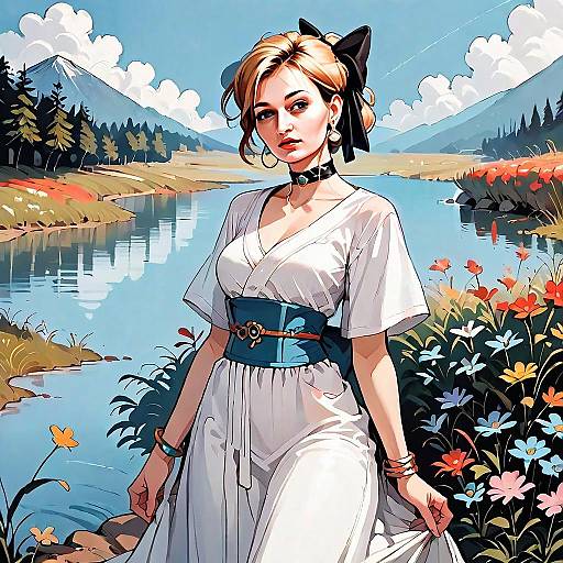 Stylized Digital Illustration of Woman by River with Mountain Landscape
