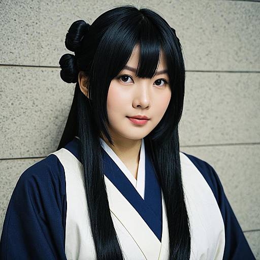 Traditional Japanese Woman in Navy Kimono with Elegant Hairstyle