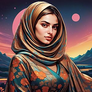 Serene Woman in Floral Headscarf at Sunset