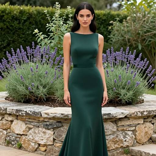 Elegant Woman in Dark Green Sleeveless Evening Gown by Lavender Garden