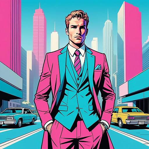 Stylish Man in Pink Suit in Vibrant Pop Art Cityscape