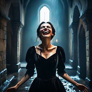 Joyful Woman in Vintage Dress in Historic Corridor