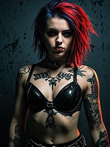Edgy Punk Woman with Half-Red Half-Blue Hair and Tattoos in Leather Bra