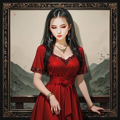 Elegant Woman in Red Dress Artistic Digital Portrait with Ornate Frame