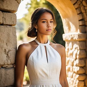 Young Woman in White Dress Under Stone Archway