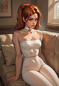 Young Woman with Auburn Hair on Sofa