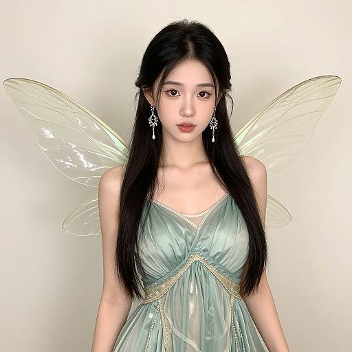 Ethereal Woman in Pastel Green Dress with Fairy Wings