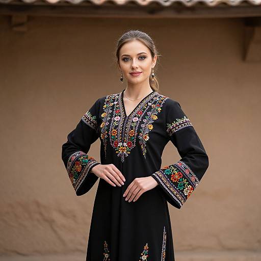 Woman Wearing Traditional Black Embroidered Dress with Floral Patterns