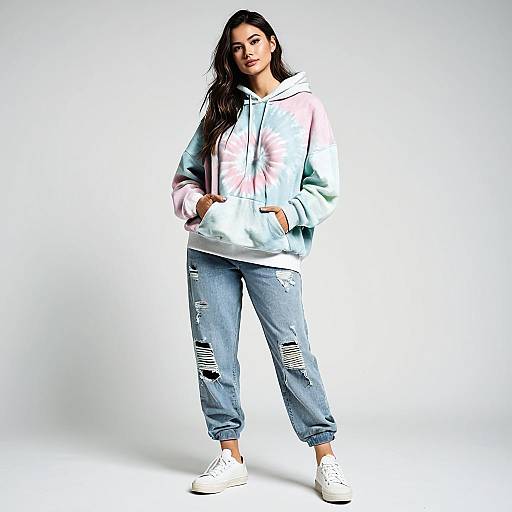 Young Woman Wearing Tie-Dye Hoodie and Distressed Jeans Casual Streetwear