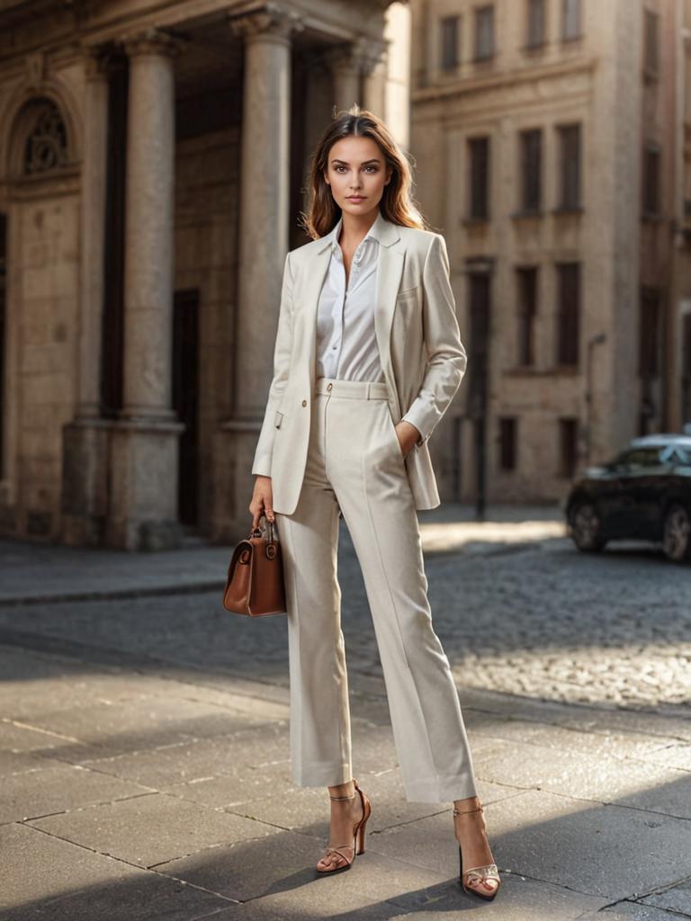 Confident Woman in Beige Suit on City Street