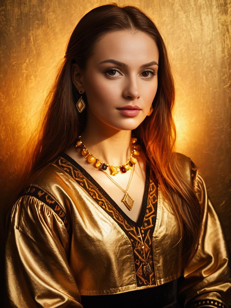 Woman in Metallic Gold Blouse with Gold Jewelry and Elegant Style