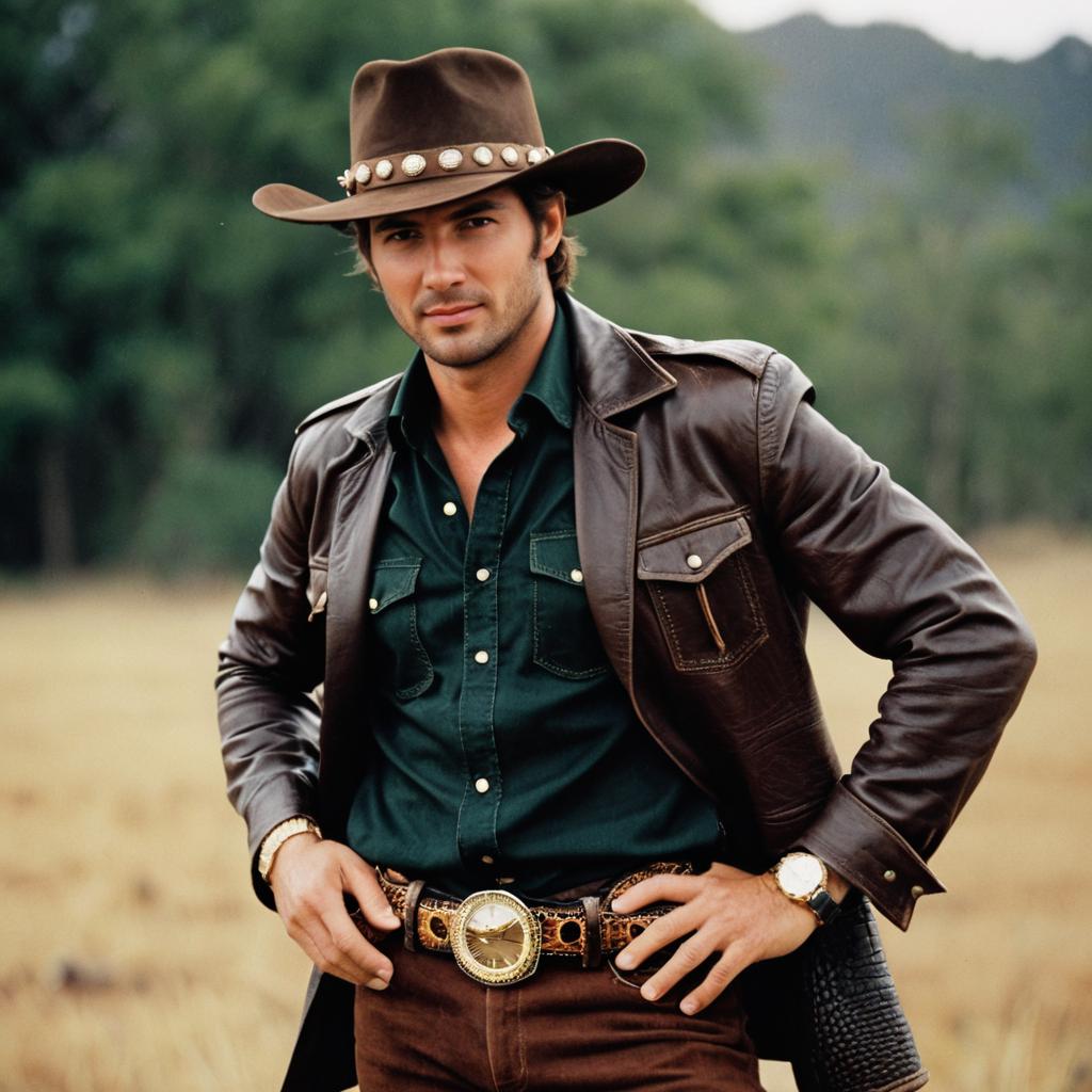 Confident Man in Classic Cowboy Outfit with Leather Jacket and Hat