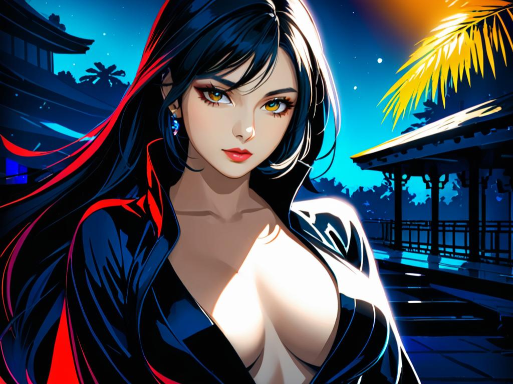 Sultry Anime Woman in Tropical Night Setting