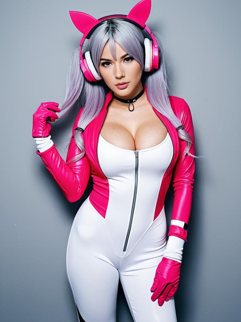 Woman in Pink and White Anime-Inspired Cosplay with Cat Ear Headphones