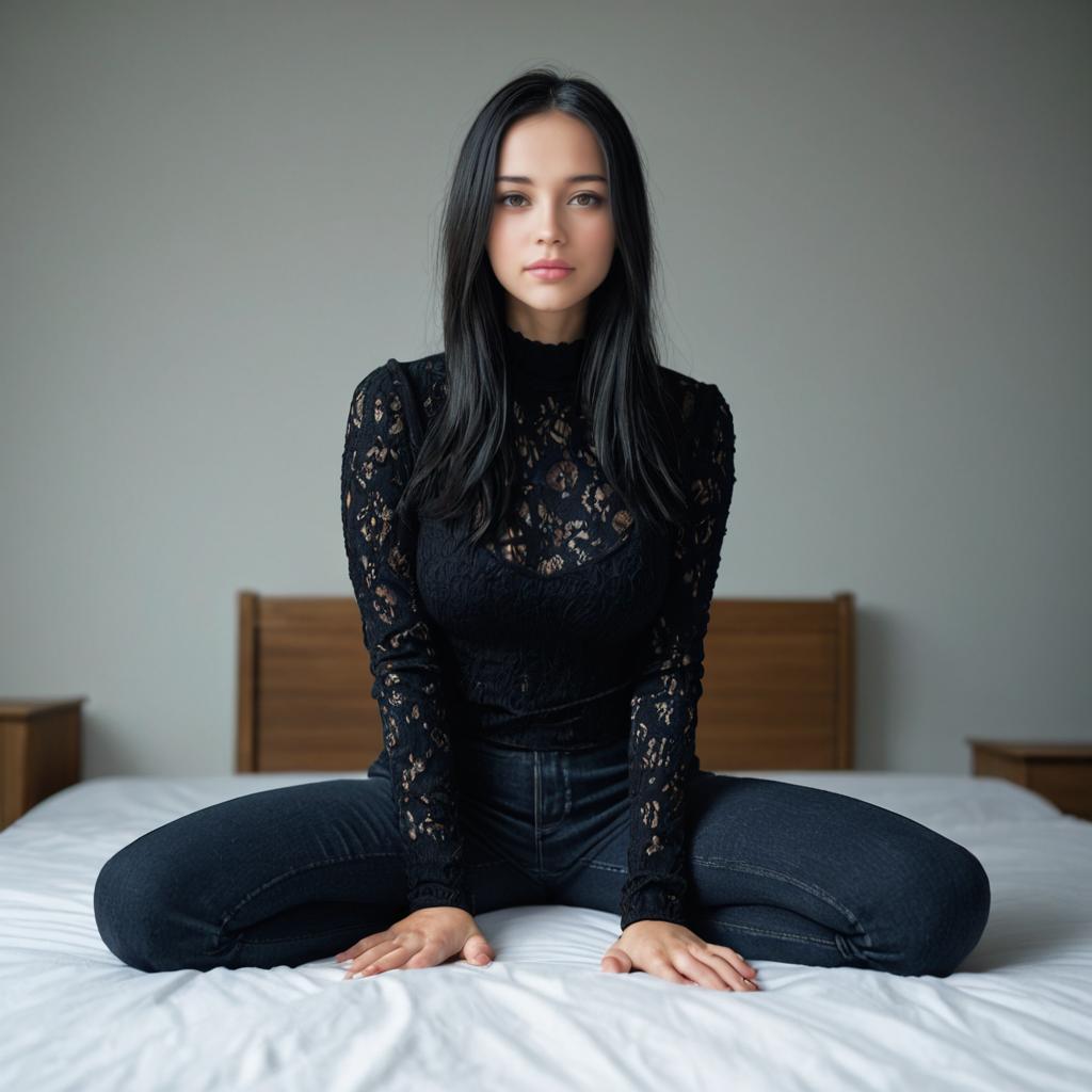 Poised Young Woman in Black Lace Sitting on Bed in Minimalist Room