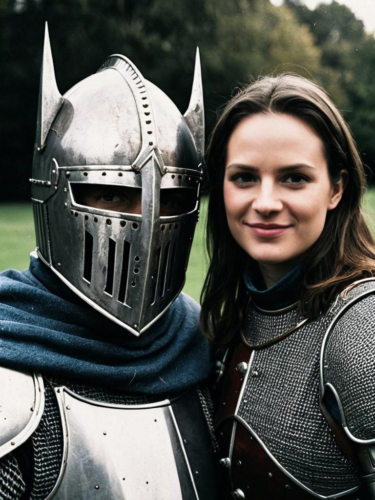 Man in Medieval Knight Costume with Woman in Armor Outdoors