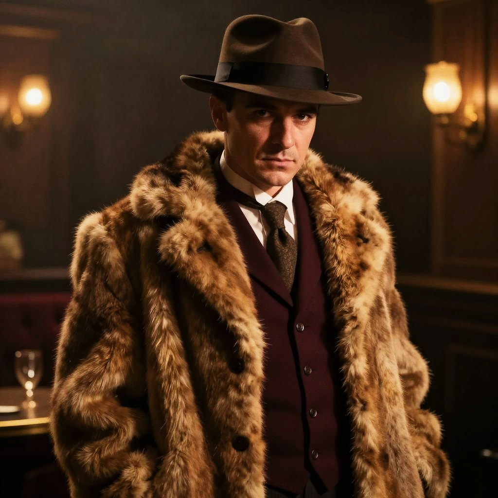 1920s Vintage Gangster Man in Fur Coat and Fedora Hat