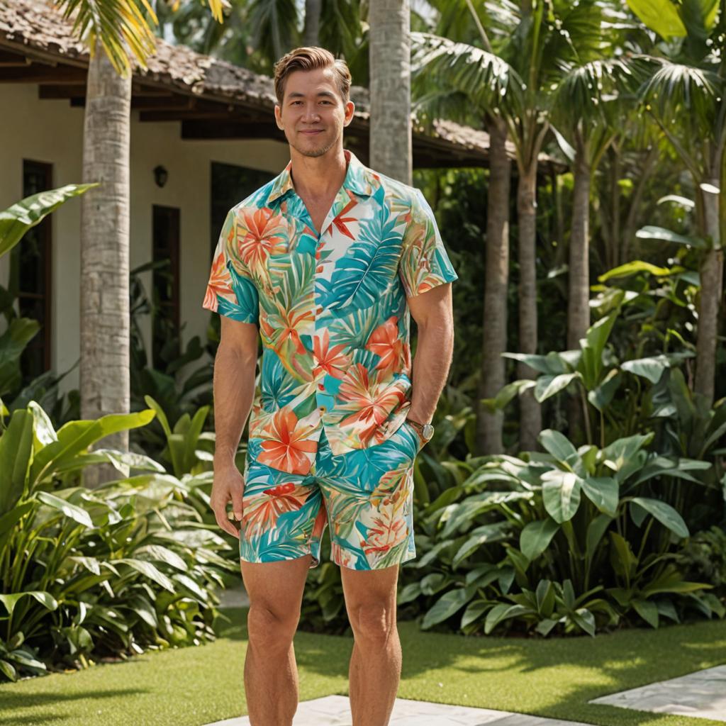 Man in Vibrant Floral Outfit in Tropical Garden