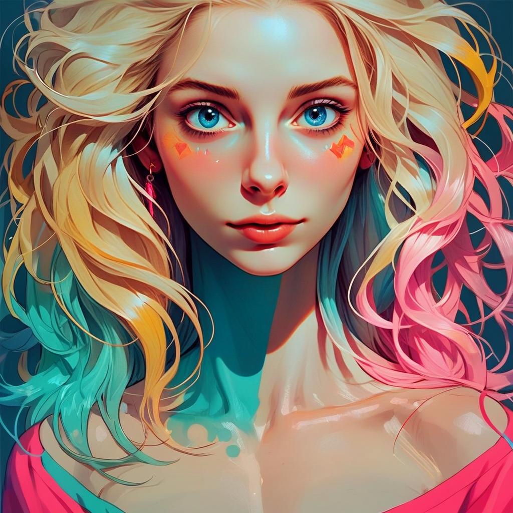 Portrait of a Young Woman with Blue Eyes and Multicolored Hair Portrait of a Young Woman with Blue Eyes and Multicolored Hair