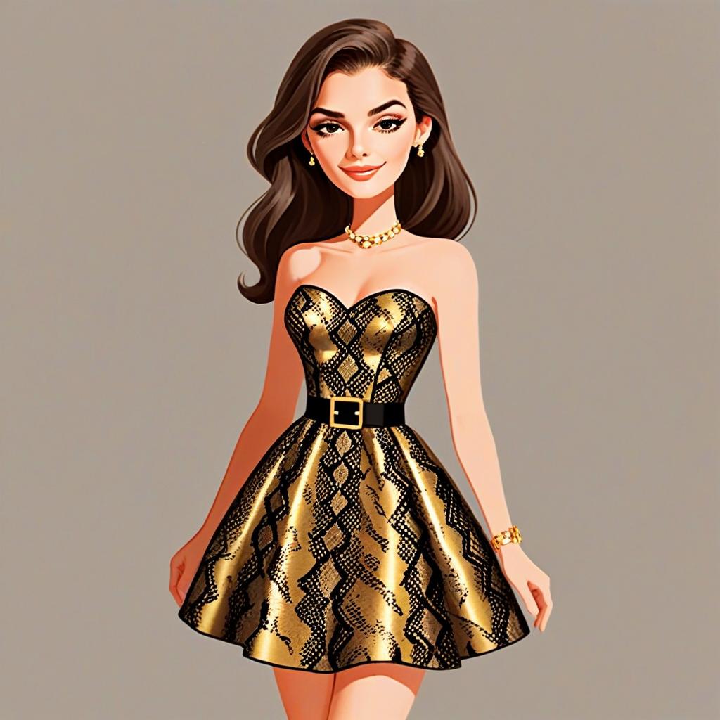 Woman in Gold Black Snakeskin Strapless Evening Dress with Accessories