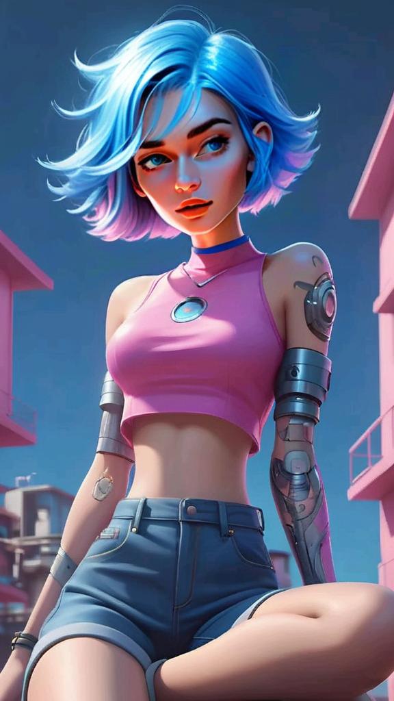 Futuristic Woman with Blue Hair and Cybernetic Arms