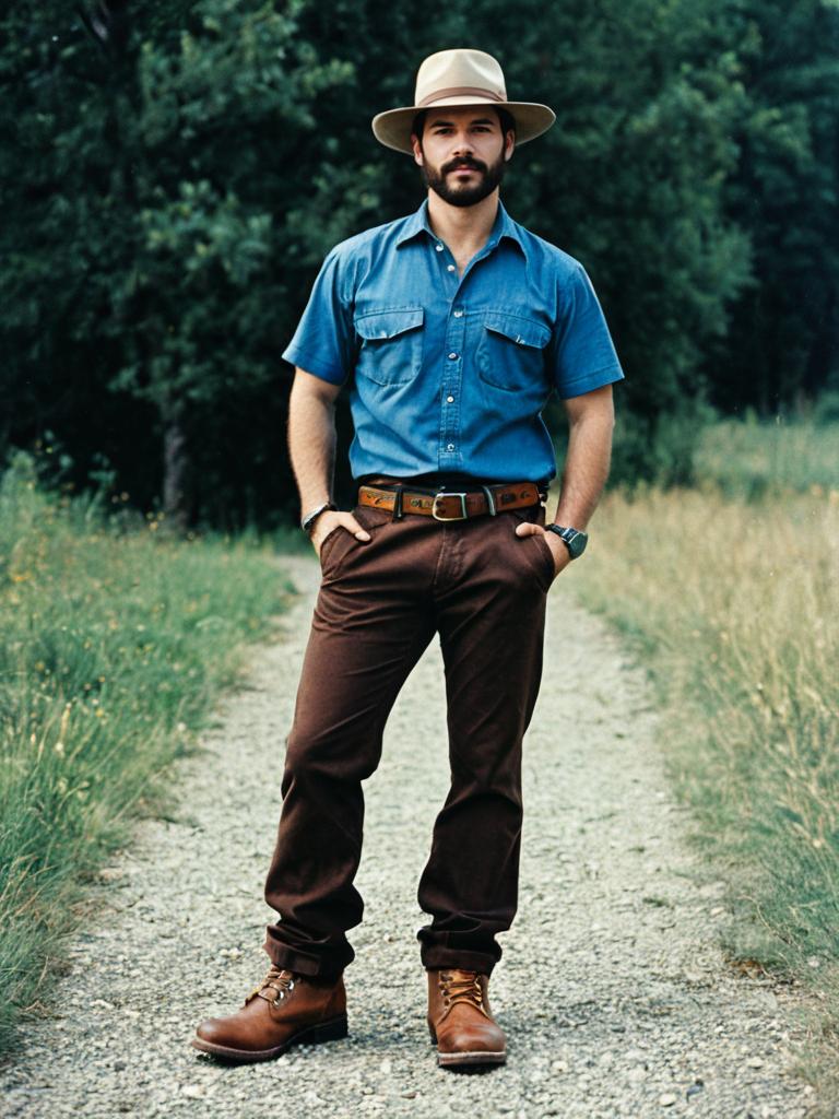 Man in Blue Shirt and Brown Pants Wearing Hat on Nature Path