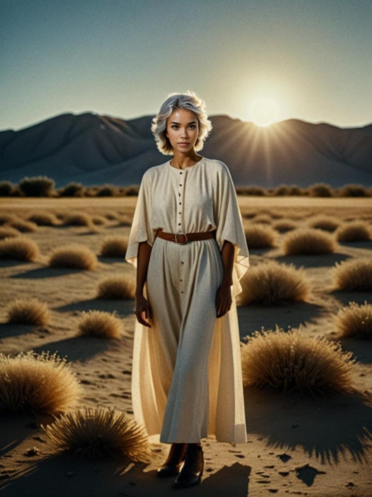 Elegant Woman in Desert at Sunset