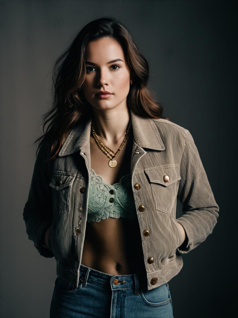 Woman Wearing Casual Chic Cropped Brown Corduroy Jacket with Wide Lapels