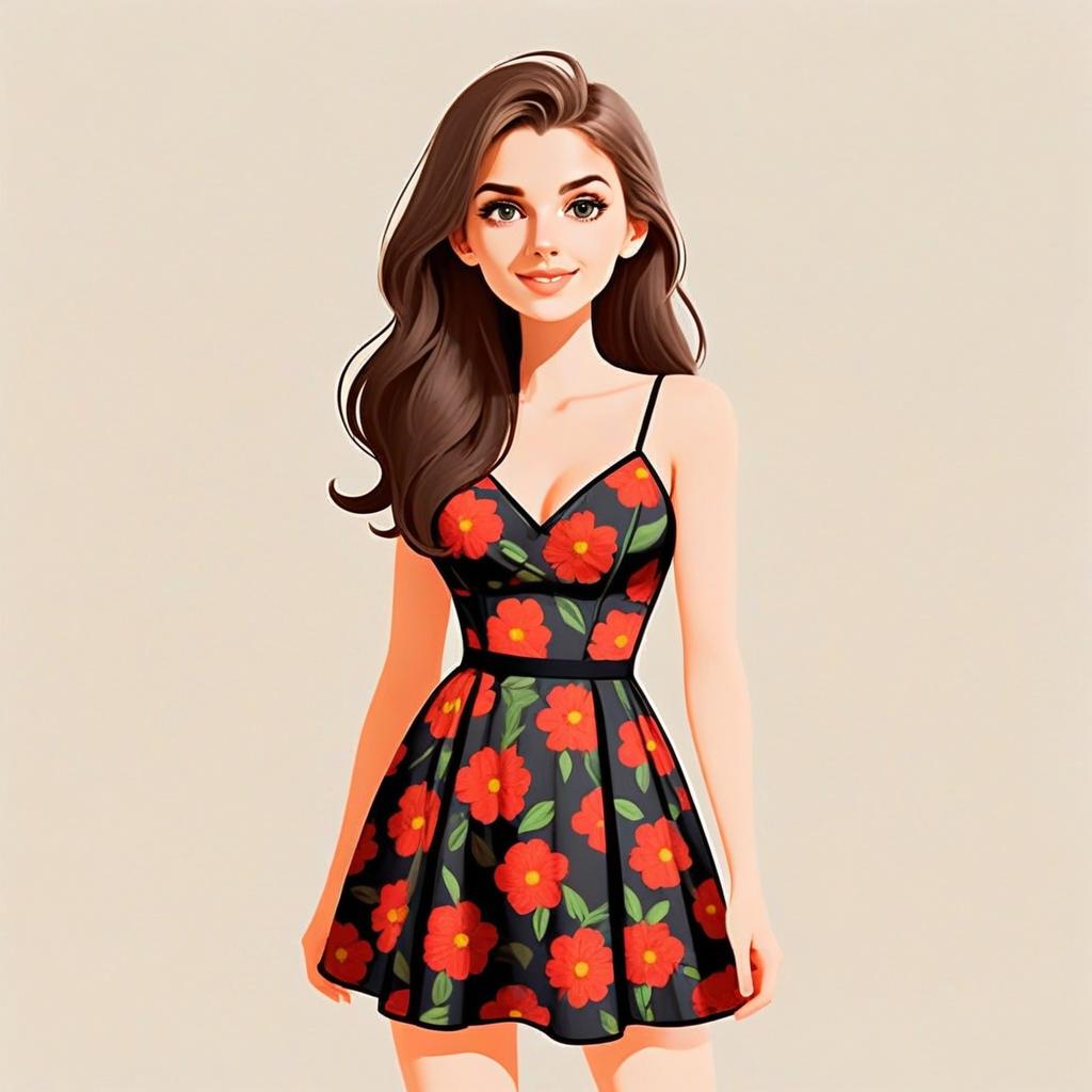 Digital Illustration of Woman in Black Floral Dress with Pretty Hair and Smile